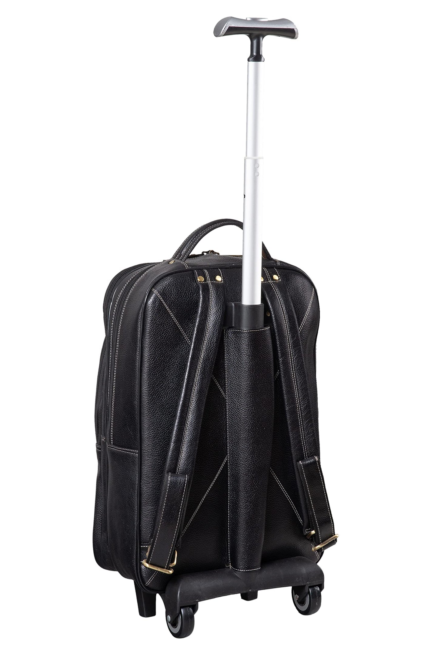 BRAND LEATHER Rolling Backpack Wheeled Laptop Backpack for Travel, Carryon Trolley Luggage Suitcase Compact Business Bag Student Laptop Bag for Men Women (BLACK)