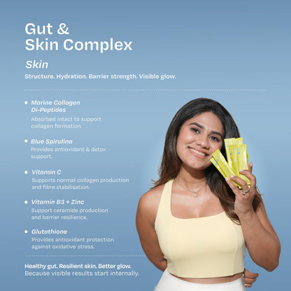 Gunam Marine Collagen Di-Peptide + Skin & Gut Complex | Hydrolysed Japanese Marine Collagen Peptides| Prebiotic FOS, Glutathione, Vitamin C & B3, Zinc, Probiotics | Supports Skin Glow, Hair, Nails, Gut & Joints | Lemon Lime | 15 Sachets
