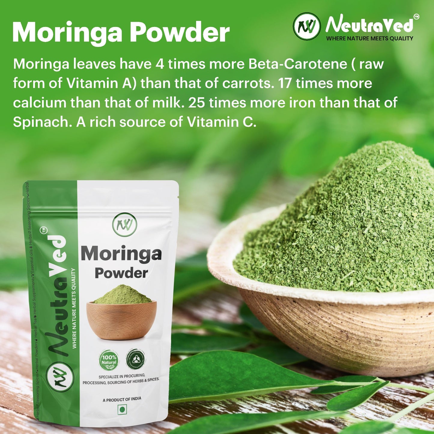 NeutraVed Moringa Powder 1 kg | Moringa Leaves also Know Drumstick for Immunity, Skin & Hair and Wellness Products for Male - 1kg