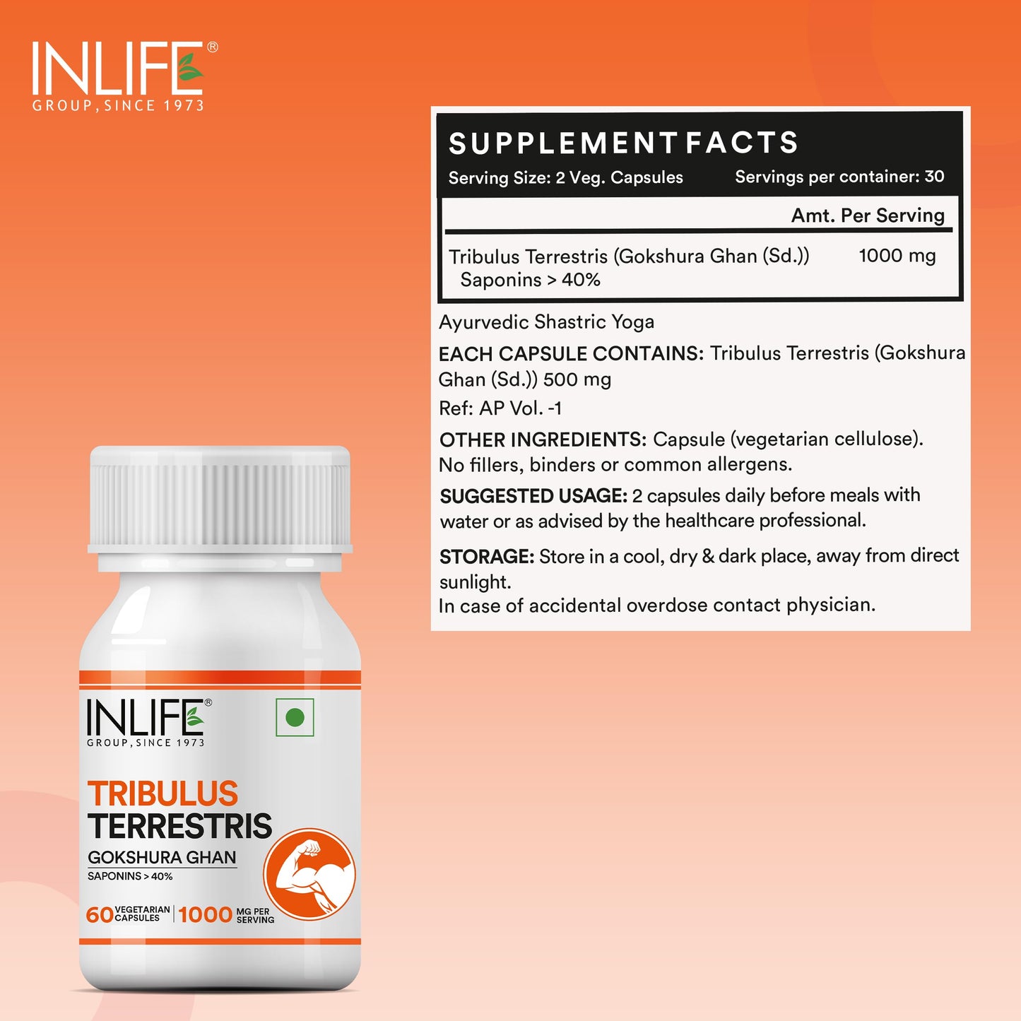 INLIFE Tribulus Terrestris Gokshura 1000mg, Men Stamina, 60 Veg Capsules (Pack of 1, 60)