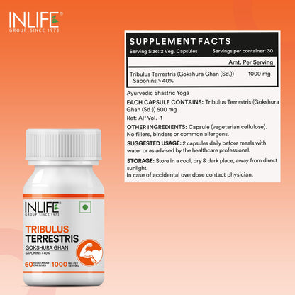 INLIFE Tribulus Terrestris Gokshura 1000mg, Men Stamina, 60 Veg Capsules (Pack of 1, 60)