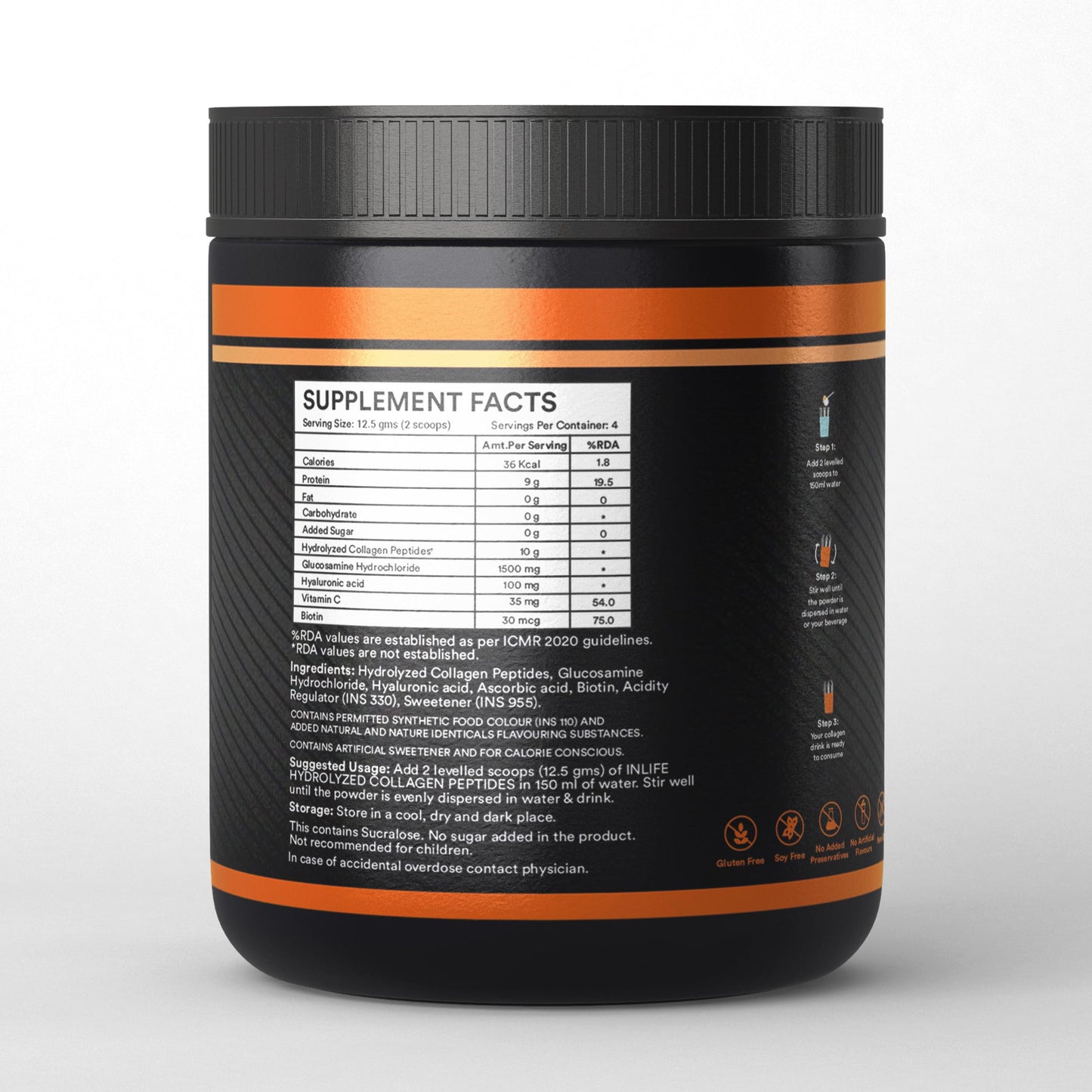 INLIFE Japanese Collagen Powder, Wellnex Clinically Studied Type 1 & 3, Glucosamine Hyaluronic Acid Vitamin C, Skin Hair & Joint Health, Orange 60g