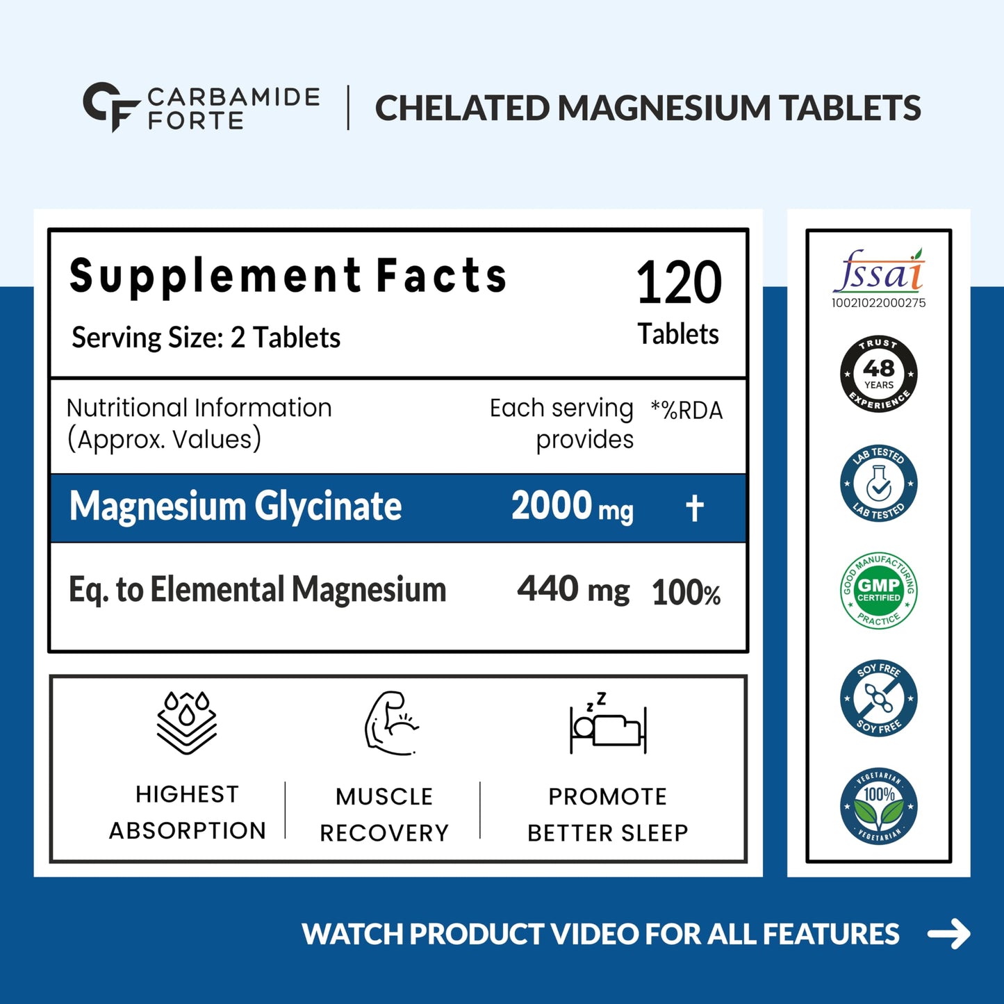Carbamide Forte Chelated Magnesium Glycinate Supplement 2000mg Per Serving | Magnesium Supplement Supports Muscle Recovery & Better Sleep - 120 Veg Tablets