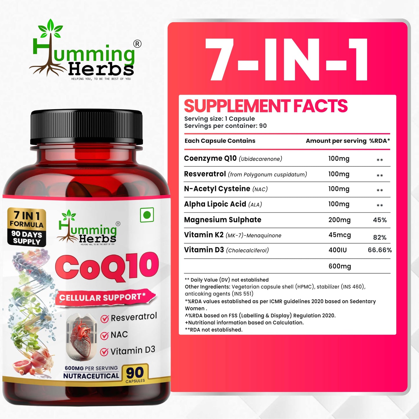 Humming Herbs CoQ10 Supplement 7-in-1 with Resveratrol NAC ALA Magnesium Vitamin K2 (MK-7) & Vitamin D3 – Cellular Energy & Antioxidant Support – 90 Veg Capsules
