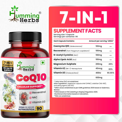 Humming Herbs CoQ10 Supplement 7-in-1 with Resveratrol NAC ALA Magnesium Vitamin K2 (MK-7) & Vitamin D3 – Cellular Energy & Antioxidant Support – 90 Veg Capsules