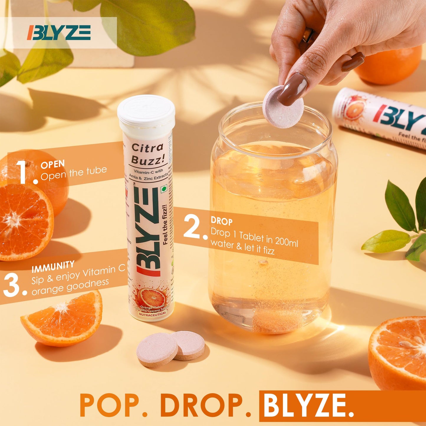 BLYZE Citra Fizz Vitamin C Effervescent Tablets with Natural Amla Extract and Zinc for Daily Immunity, Helps Boost and Strengthen Collagen for Healthy Skin, Hair and Nails – Orange Flavour, 20 Tablets