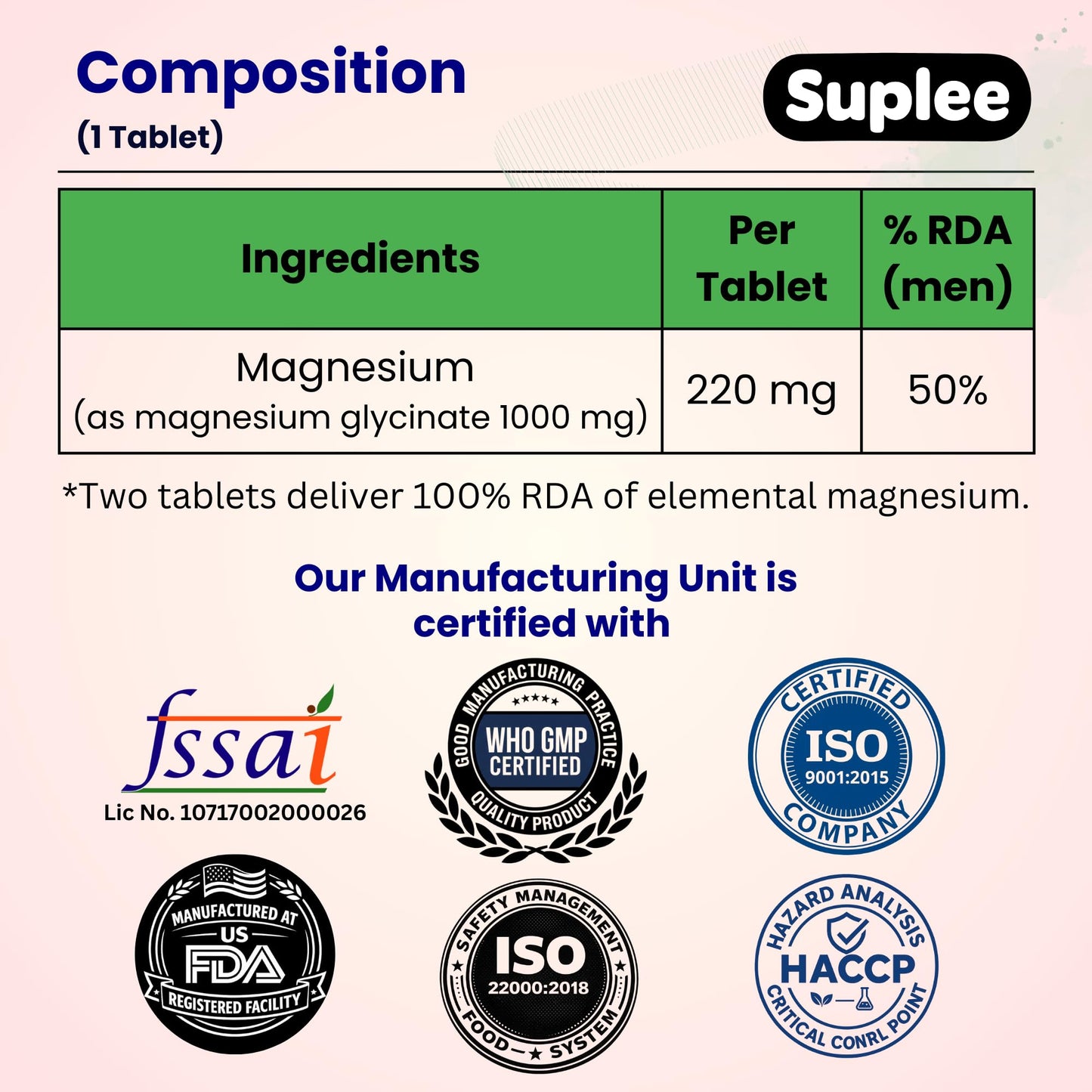 Suplee Magnesium Glycinate Effervescent Tablets 1000mg | 220mg Elemental Mgagnesium per Tablet | Supports Muscle Recovery, Sleep & Heart Health | Zero Added Sugar | 20 Count | Orange Flavour