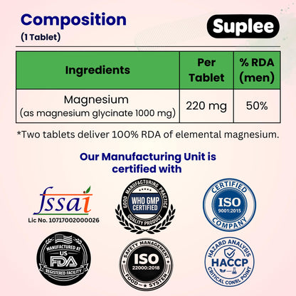 Suplee Magnesium Glycinate Effervescent Tablets 1000mg | 220mg Elemental Mgagnesium per Tablet | Supports Muscle Recovery, Sleep & Heart Health | Zero Added Sugar | 20 Count | Orange Flavour
