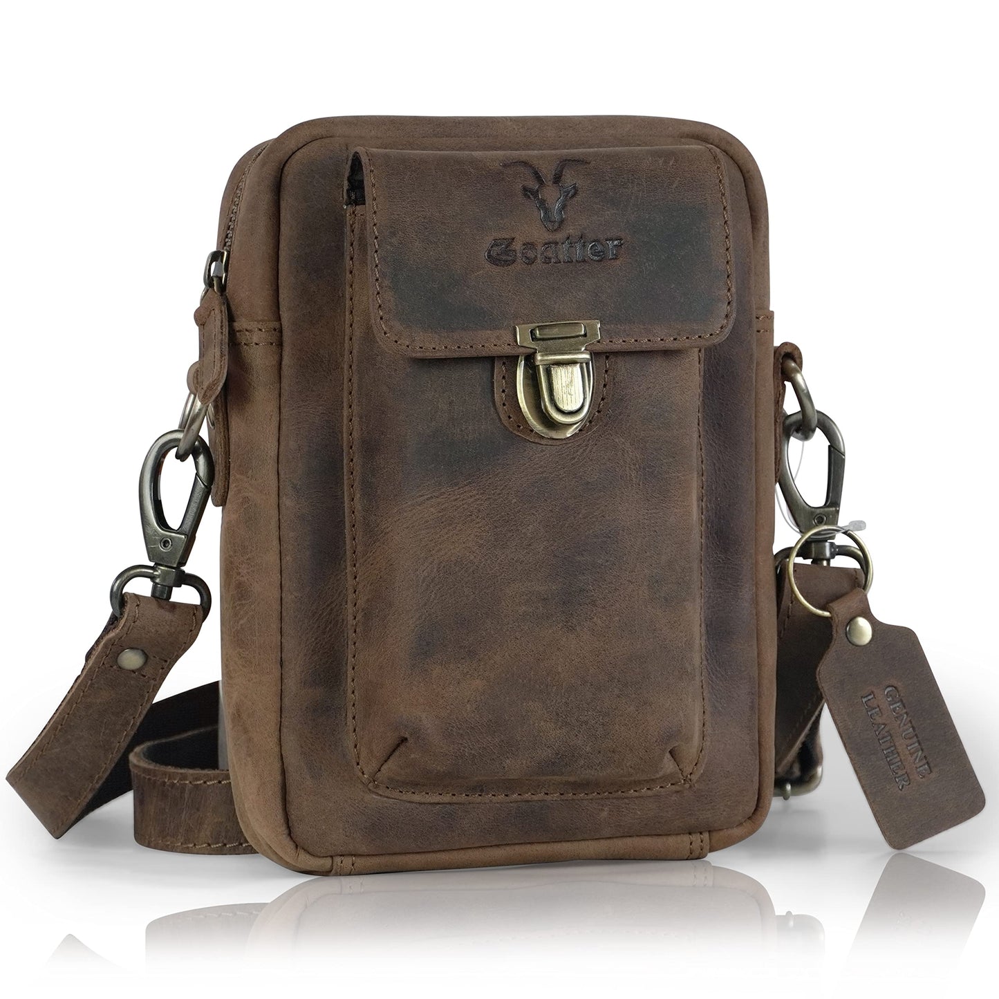 Goatter Hunter Leather Unisex Sling Cross-Body Bag, Compact Organizer, Dual Adjustable Straps, Zipper Closure,