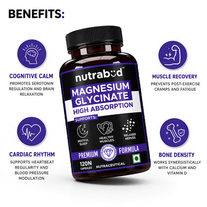 Nutrabud Magnesium Glycinate Supplement - 120 Vegetable Capsules - 550mg for Men, Women | High Absorption Chelated Form for Healthy Muscles, Nerves & Better Sleep (120 Count (Pack of 1))