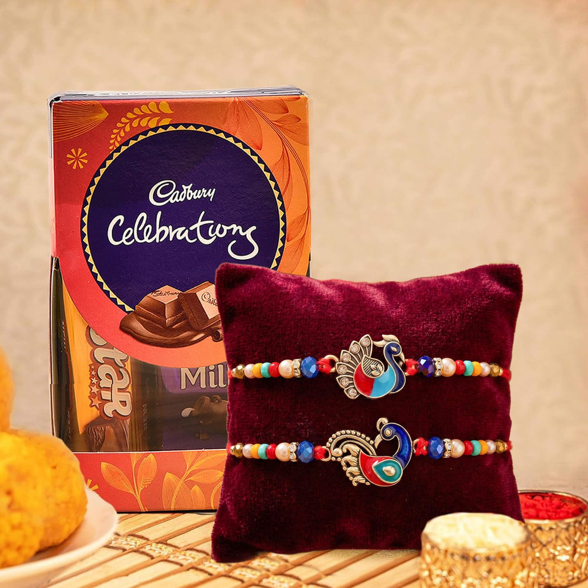 TIED RIBBONS Rakhi for Brother with Chocolate Gift Pack - Set of 2 Rakhi for Kids with Cadbury Celebrations Chocolates and Roli Chawal Tikka