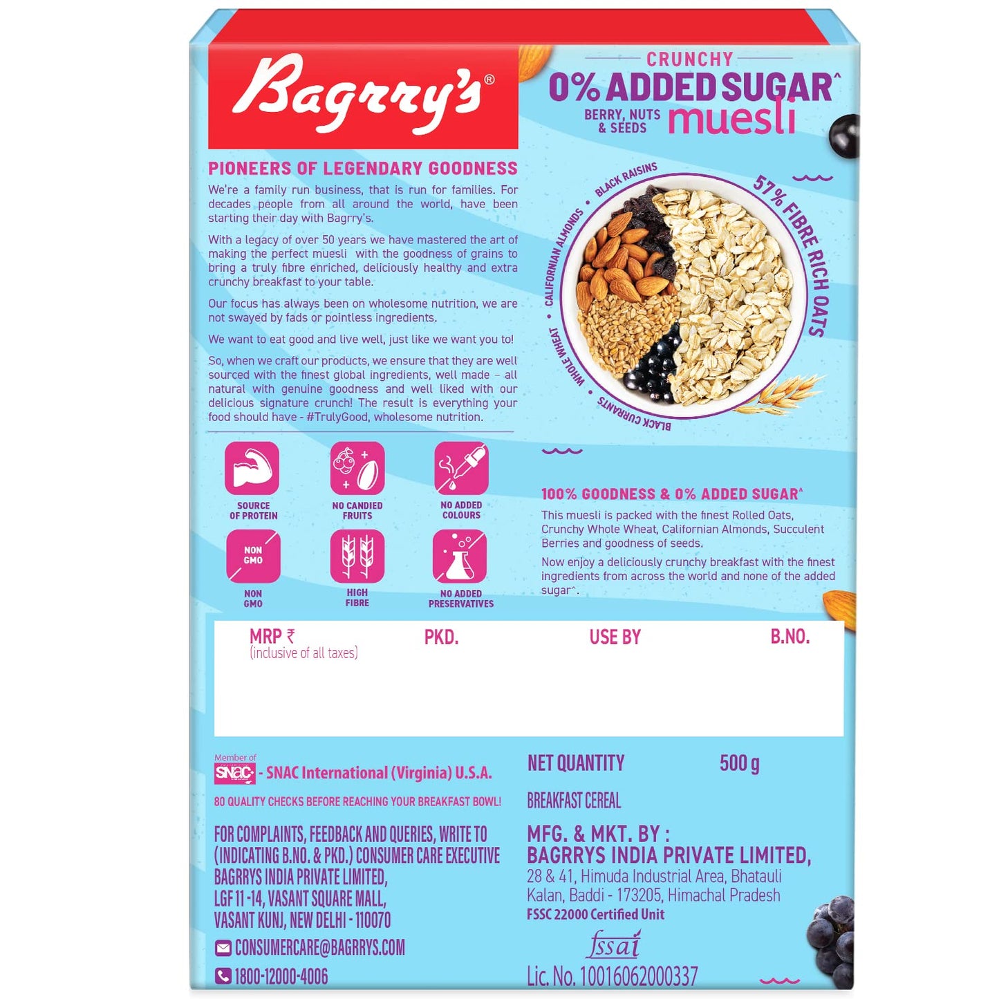 Bagrrys 0% Added Sugar Muesli – Berry, Nuts & Seeds 500g | Whole Grain Breakfast Cereal | Helps Manage Weight |0% Added Sugar