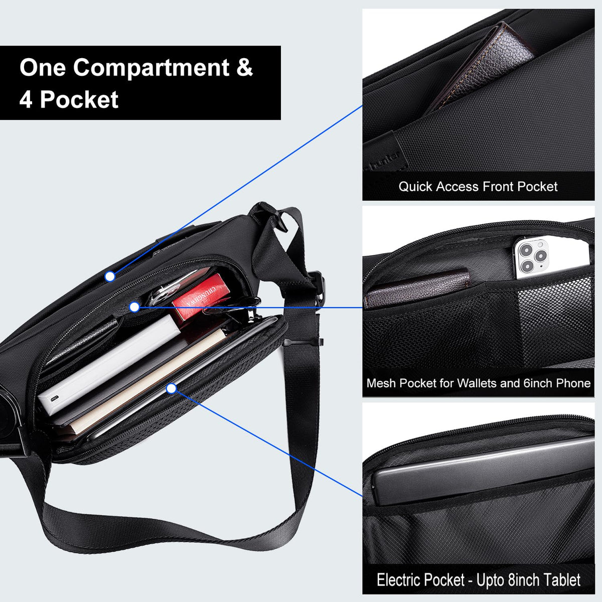 Arctic Hunter Sling Bag for Men Crossbody Small 3.8L Compact Side Bag for upto 8" iPad Pocket Chest Bag One Shoulder Cross Bag Lightweight Passport Mobile Bag for Office Casual,Black