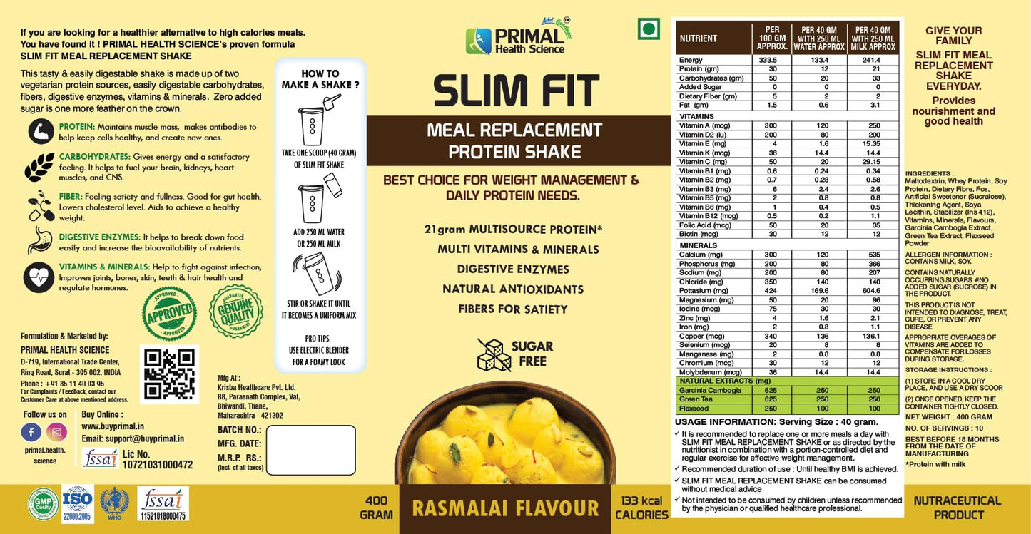 Primal Meal Replacement Protein Shake For Weight Control & Management | Sugar Free | Fiber | Digestive Enzymes | No Transfat | Vitamins & Minerala (400gm, Rasmalai)