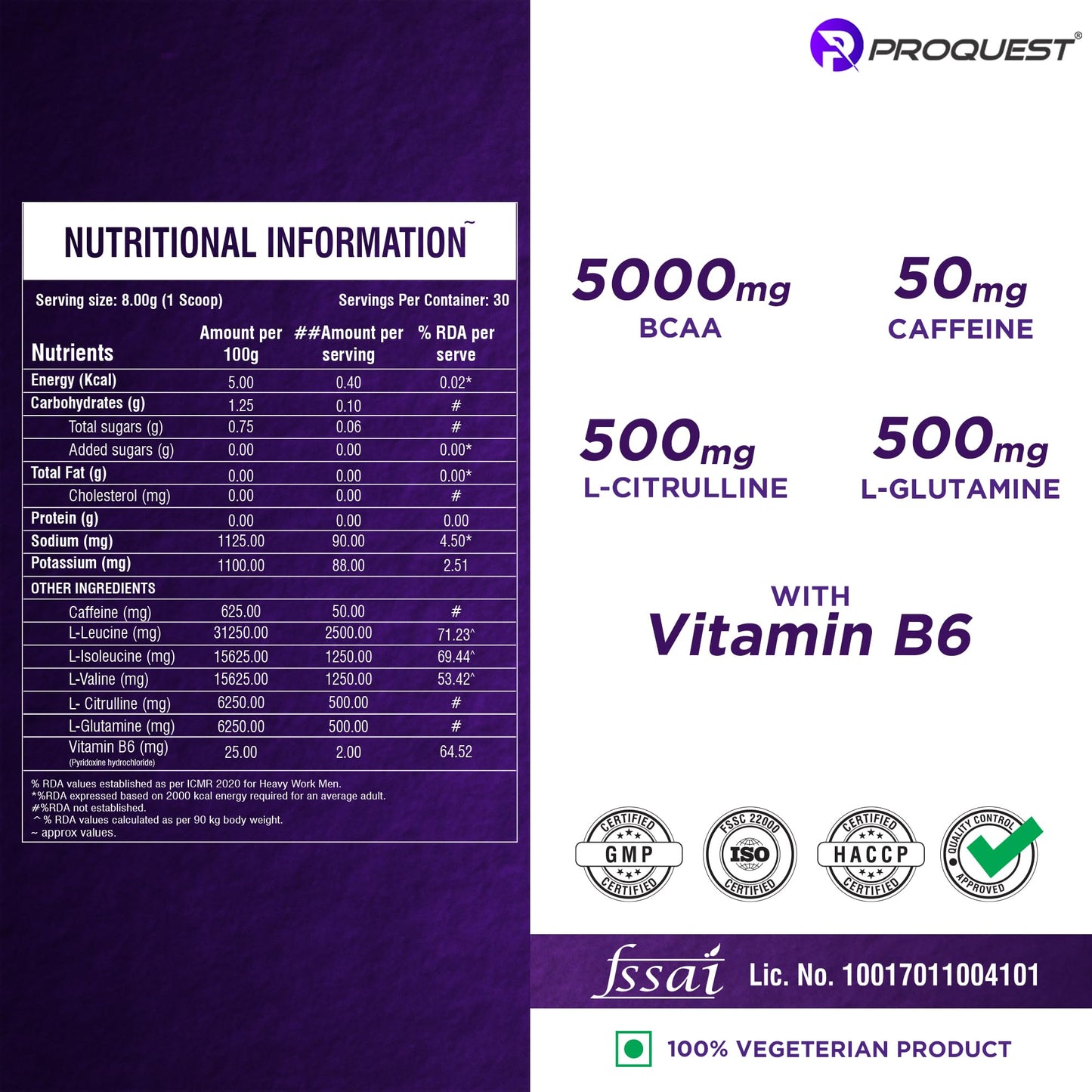 Proquest Nutrition BCAA 5000, 5g BCAAs in 2:1:1 Optimal Ratio (240g, 30 Servings) Salted Watermelon Flavor | Powerful Intra Workout Supplement for Men & Women for Muscle Recovery, Hydration & Endurance