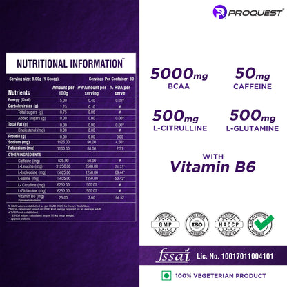 Proquest Nutrition BCAA 5000, 5g BCAAs in 2:1:1 Optimal Ratio (240g, 30 Servings) Salted Watermelon Flavor | Powerful Intra Workout Supplement for Men & Women for Muscle Recovery, Hydration & Endurance