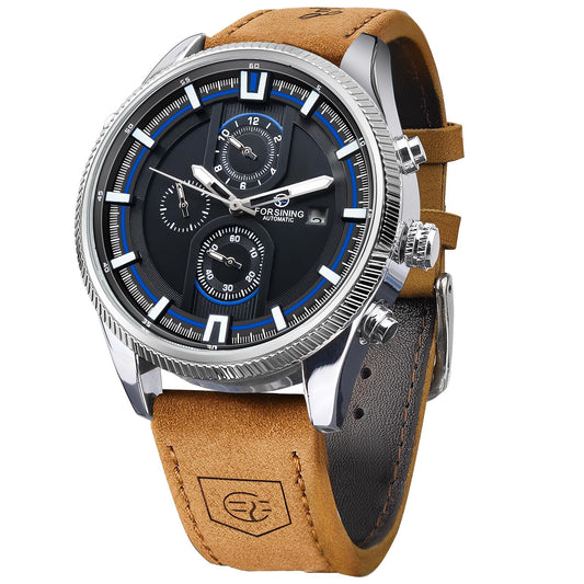 FORSINING Brown Men's Transparent Sport Watch, Luxury Genuine Leather Strap Fashion Automatic Mechanical Skeleton Watch Mens Watches, Brown-Blue, casual