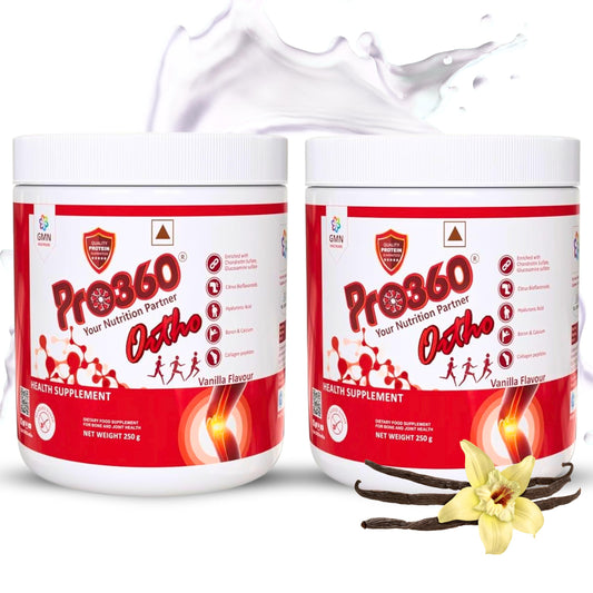 Pro360 Ortho Bone and Joint Care Supplement Nutrition Powder with Glucosomine Chondroitin MSM Collagen Peptides Boswellia Serrata Hyaluronic Acid - Vanilla Flavour, (250+250) g (Nonveg) Pack of 2