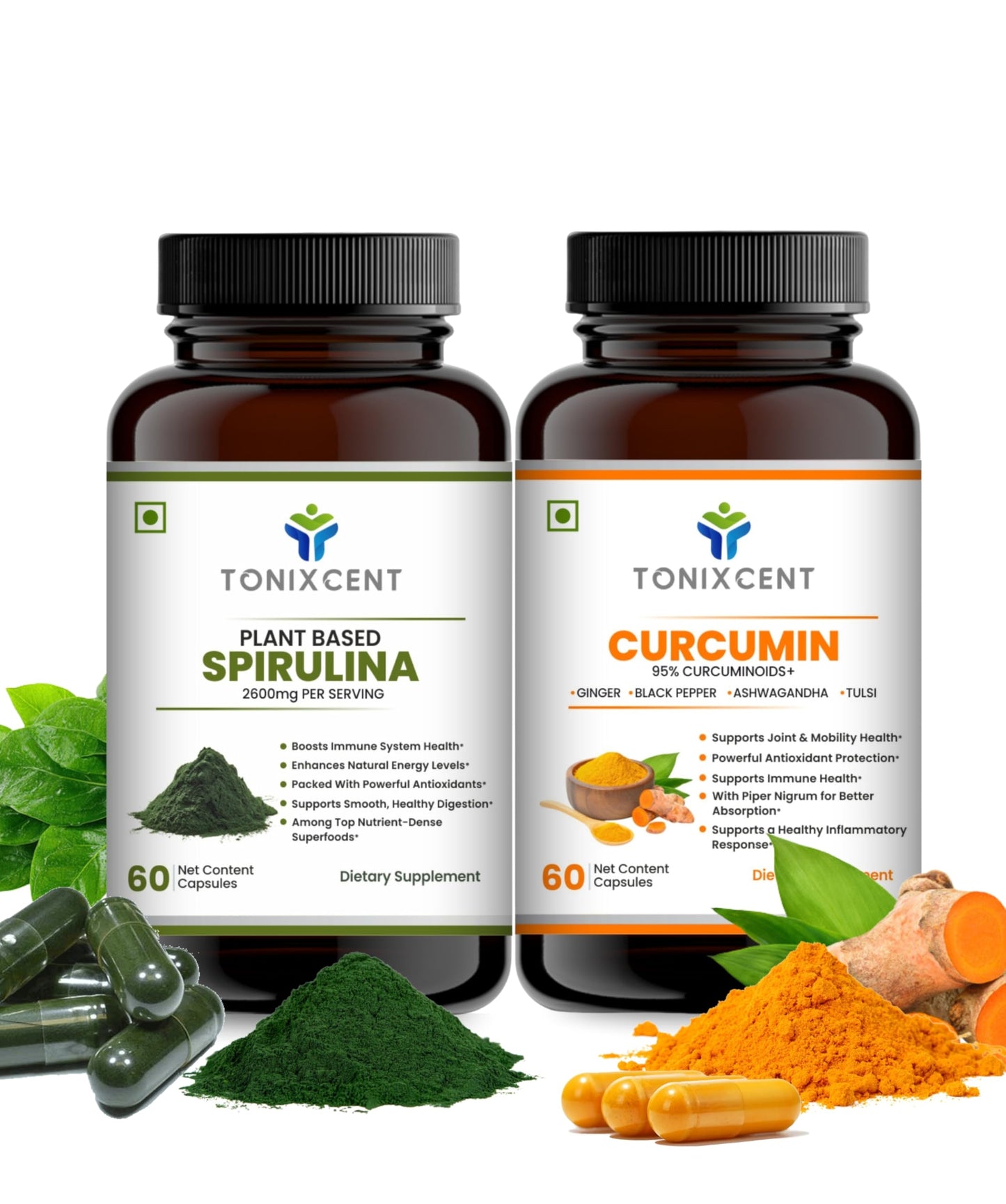 TONIXCENT Skin Glow Stack | Spirulina & Curcumin Capsules | Boosts Immunity, Reduces Inflammation & Enhances Recovery | 60+60 Vegan Capsules