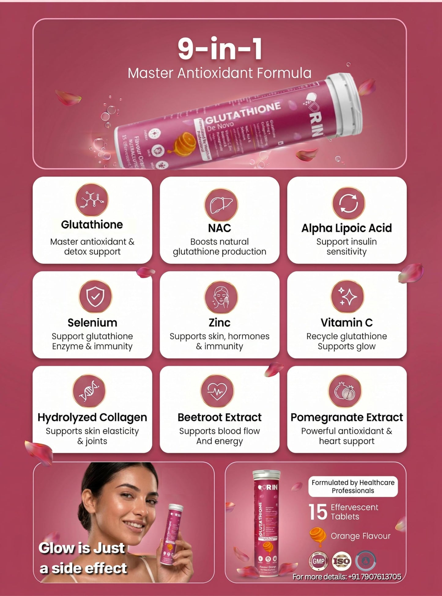 DR.IN Glutathione Effervescent Tablets 500mg | Collagen 1000mg Vitamin C Zinc NAC ALA | Antioxidant Supplement for Skin Glow Immunity Daily Wellness | Orange|15 Tablets(Pack of 4)