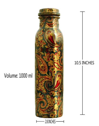 INDIAN ART VILLA Pure Copper Printed Water Bottle With Seaweed Paisley Design, Drinkware & Storage Purpose, Ayurvedic Health Benefits, Volume-1000 ml