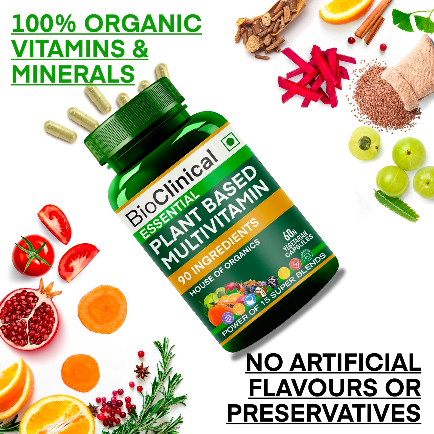 BioClinical Plant Based Multivitamin for Men & Women - Organic Natural Vitamins - Daily Vital Nutrition - Nature Made, Ayurvedic & Whole foods Supplement - Energy, Hair & Bone Health -60 Veg Capsules