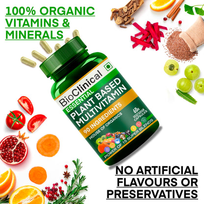 BioClinical Plant Based Multivitamin for Men & Women - Organic Natural Vitamins - Daily Vital Nutrition - Nature Made, Ayurvedic & Whole foods Supplement - Energy, Hair & Bone Health -60 Veg Capsules