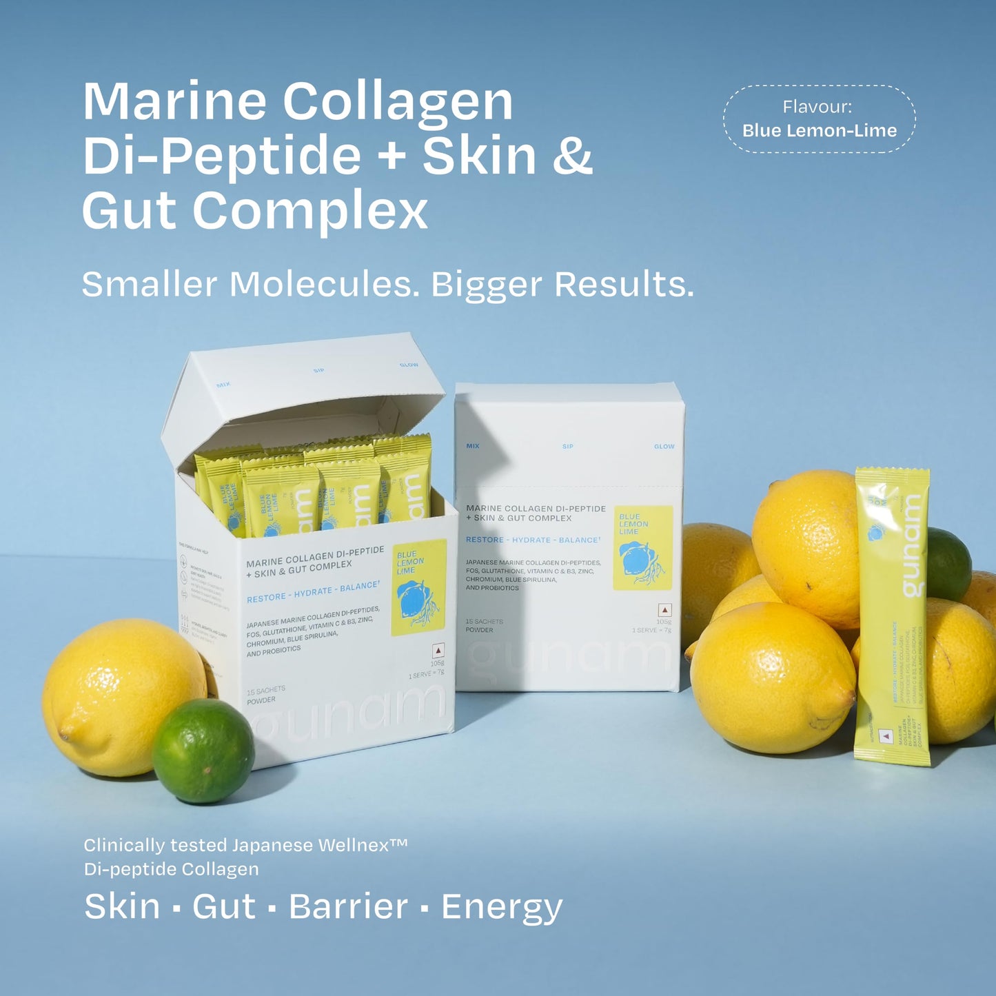 Gunam Marine Collagen Di-Peptide + Skin & Gut Complex | Hydrolysed Japanese Marine Collagen Peptides| Prebiotic FOS, Glutathione, Vitamin C & B3, Zinc, Probiotics | Supports Skin Glow, Hair, Nails, Gut & Joints | Lemon Lime | 15 Sachets