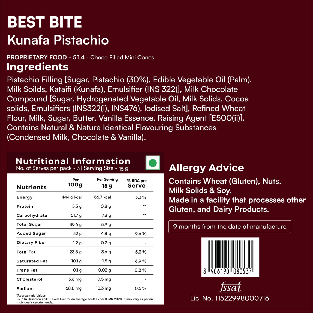 Nova Nova Best Bite Kunafa Pistachio Chocolate Filled Mini Cones 45g