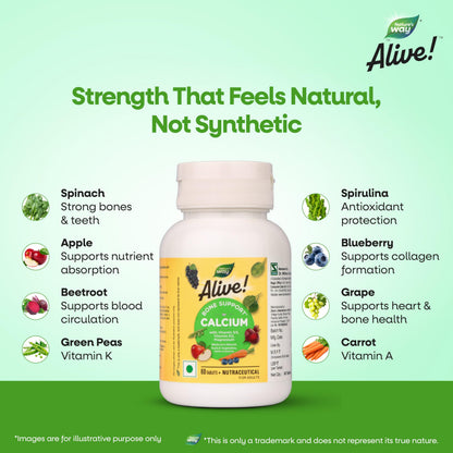 Nature's Way Alive Calcium Bone Support with Vitamin D3,Magnesium and Vitamin K2-7 | Joint and Bone support for Men & Women | Natural Calcium for Strong Bones & Teeth - 60 Veg Tablets