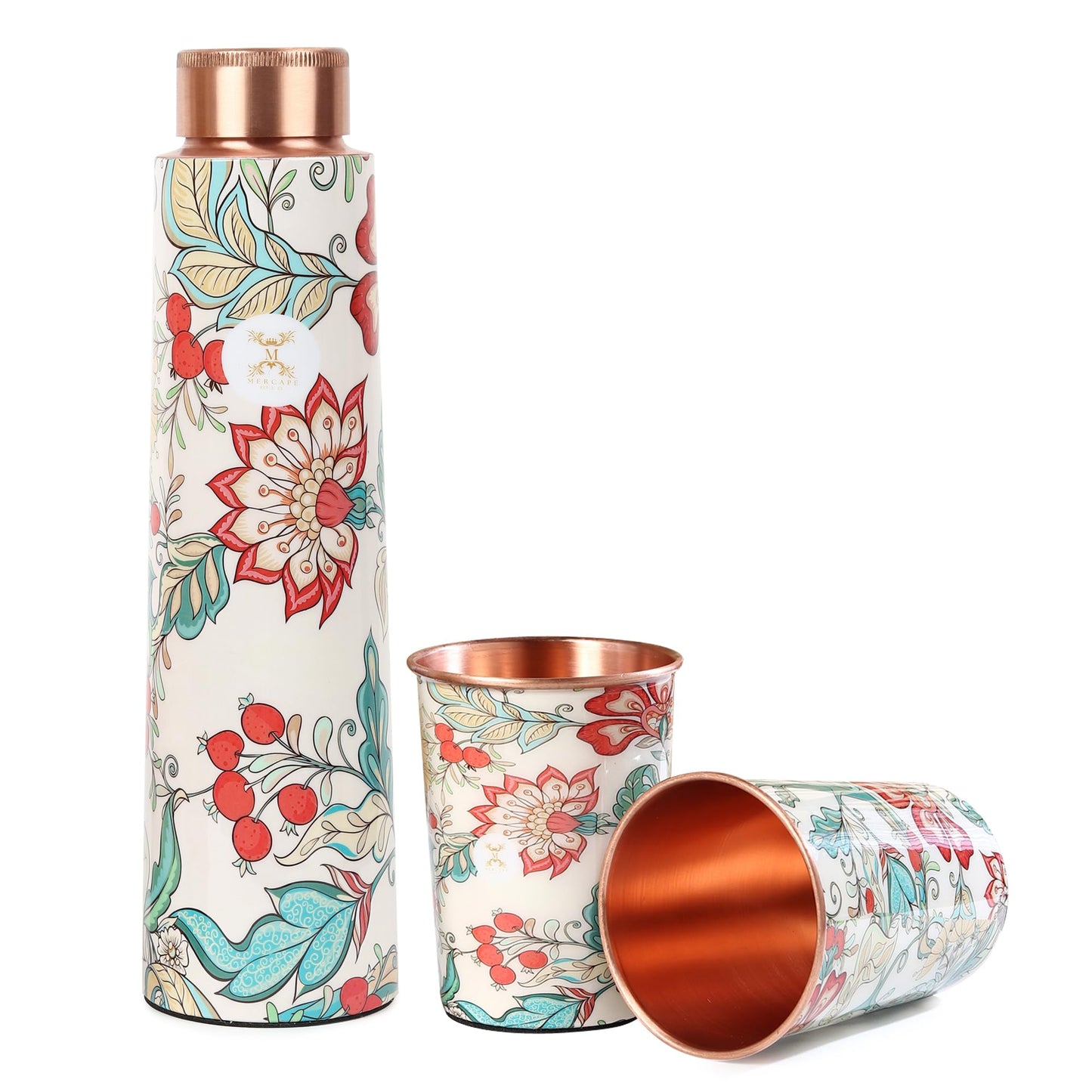 MERCAPE® - Flower Print Pure Copper Water Bottle with 2 Glass | Leak Proof, Durable & Rust Proof | Non-Toxic & BPA Free Steel Bottles | Printed Tamba Bottle (900 ml - 2x 300 ml)