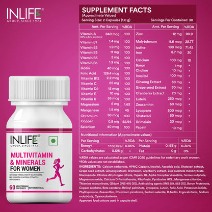 INLIFE Multivitamin for Women with Biotin, Vitamin D, Calcium, & Minerals for Energy, Hair, Skin, Nails, Bone - 60 Veg Capsules (Women) (Pack of 2, 120)