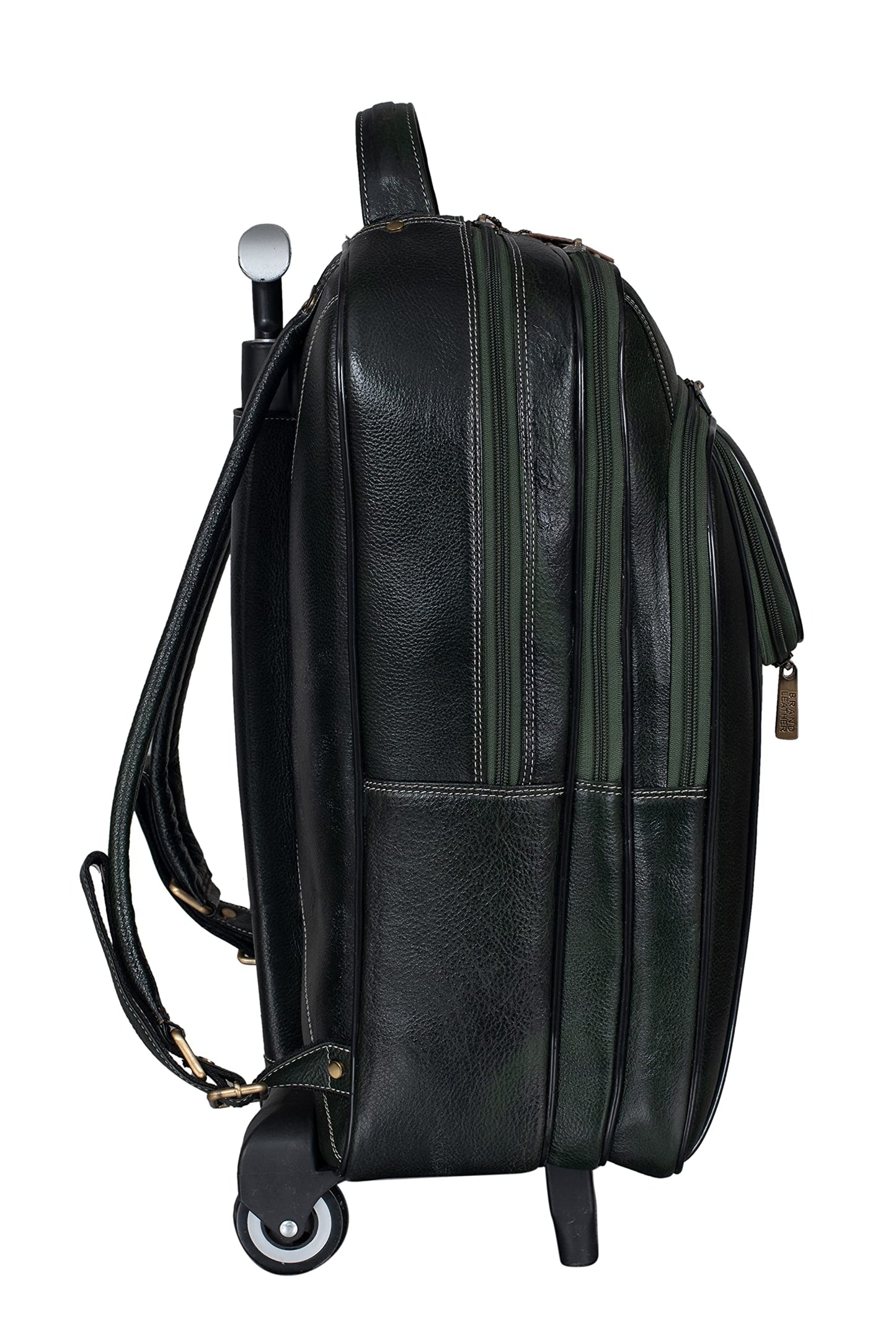BRAND LEATHER Rolling Backpack Wheeled Laptop Backpack for Travel, Carryon Trolley Luggage Suitcase Compact Business Bag Student Laptop Bag for Men Women (Green)