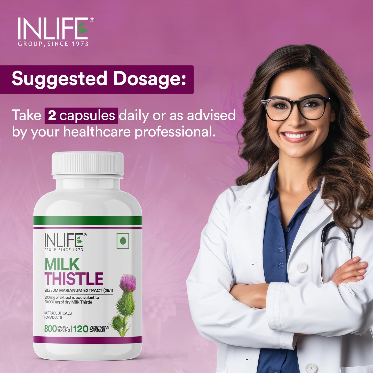 INLIFE Milk Thistle 800mg Silymarin, Silybum Marianum Extract 25:1, Liver Health & Detox Function, Men Women, 120 Veg Capsules (Pack of 2)