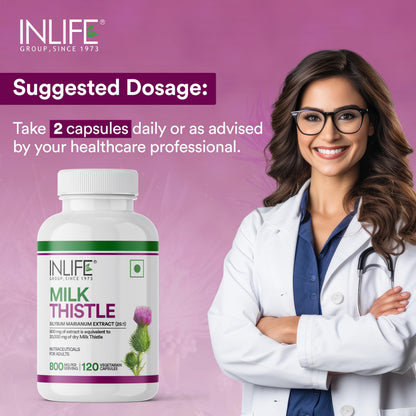 INLIFE Milk Thistle 800mg Silymarin, Silybum Marianum Extract 25:1, Liver Health & Detox Function, Men Women, 120 Veg Capsules (Pack of 2)