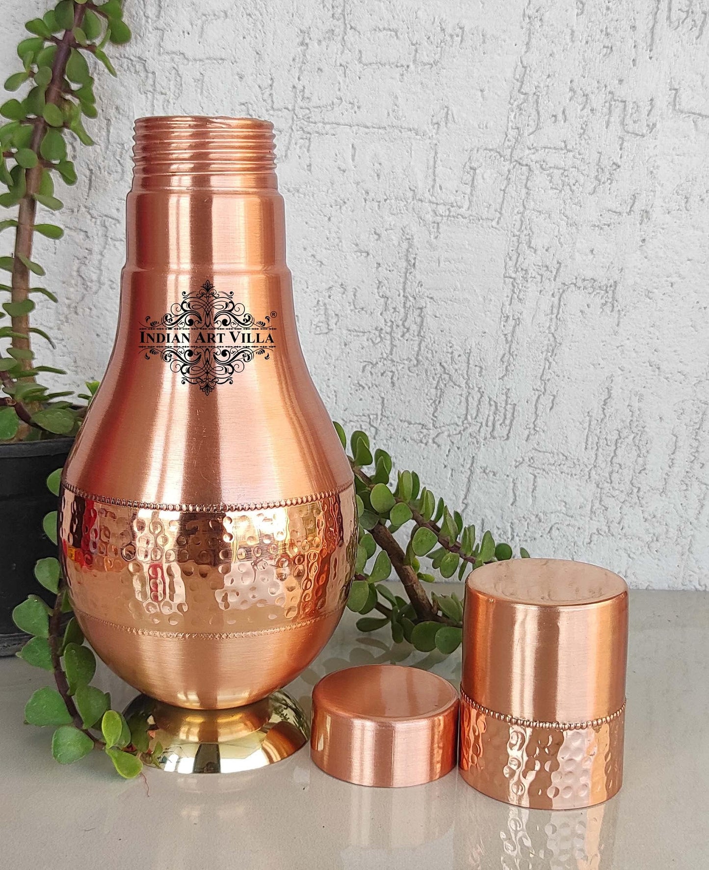 INDIAN ART VILLA Pure Copper Bedroom Water Bottle with Inbuilt Glass, Surahi Design with Brass Bottom - Half Hammered Finish, Volume 925 ml (Pack of 1)