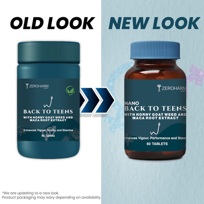 ZEROHARM BACK to TEENS - Horny Goat weed Epimedium - Maca Root extract - Safed Musli - Nano Formulated herbal Tablet (60 Tablets)