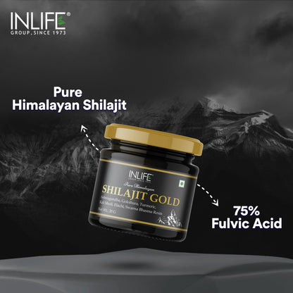 INLIFE Shilajit Gold 20g | Original Himalayan Shilajit Resin with Ashwagandha, Tribulus, Turmeric, Kali Musli | 75% Fulvic Acid | Lab Tested Ayurvedic Supplement