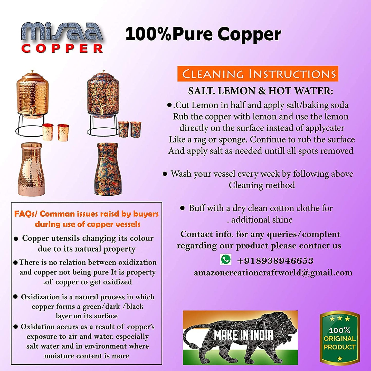 World Fire 100% Pure Copper Water Bedroom Bottle | Bedside Carafe | Bedroom jar with inbuilt Copper Glass/Vessel 1 Liter