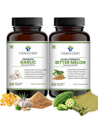 TONIXCENT Digestive Wellness Pair | Garlic 650mg & BitterMelon 1200mg Capsules | Regulates Blood Sugar, Supports Heart & Immunity | 60+60 Vegan Capsules