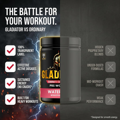 BEN Gladiator Pre-Workout 300 gm Watermelon |300 mg Natural CAFFEINE|EXTREME Pre Workout|6 gm L-Citrulline|Lazer Focus& INSANE pumps