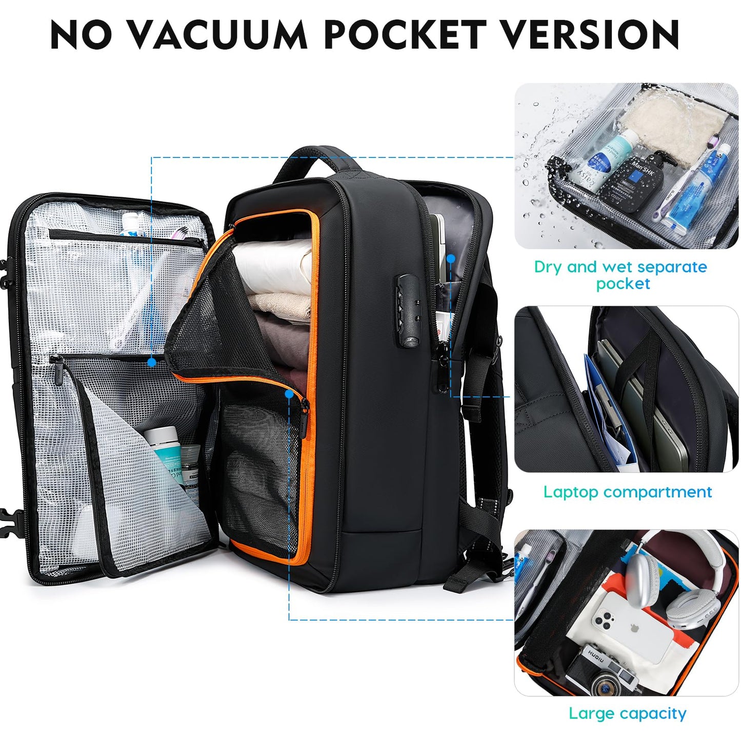 BANGE travel backpack can hold 15.6 inch laptop with anti-theft lock for men and women, Black, L