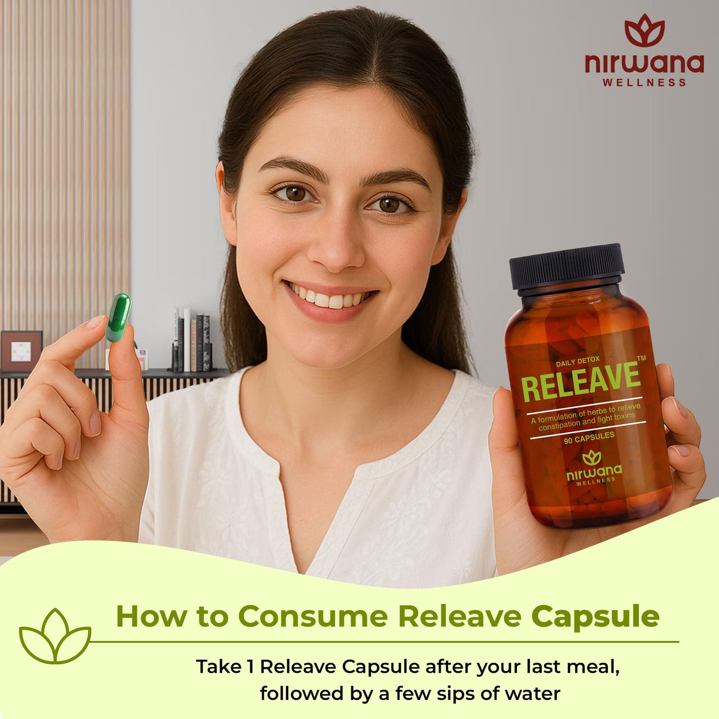 Nirwana Releave Capsule For Constipation,Gas,Acidity & Bloating Relief|Natural Herbal Gut Cleanse & Detox|Improves Digestion,Clean & Lubricate Bowel|100% Herbal Formula|90Capsules