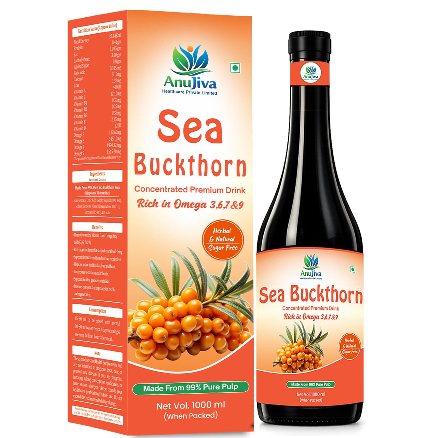 Anujiva Sea Buckthorn Concentrated Premium Drink | Rich in Omega 3, 6, 7 & 9 and Vitamin C | Immune Support, Skin Health & Daily Vitality Tonic | No Added Sugar, 100% Natural
