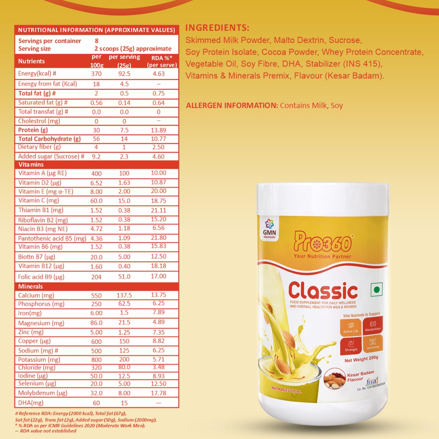 Pro360 Classic Daily Wellness Nutritional Protein Supplement Powder for Men and Women - Instant Beverage Mix - 200+200g (Kesar Badam) Pack of 2
