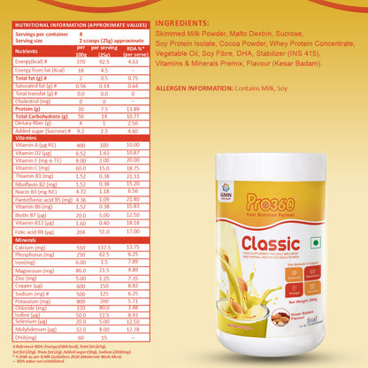 Pro360 Classic Daily Wellness Nutritional Protein Supplement Powder for Men and Women - Instant Beverage Mix - 200+200g (Kesar Badam) Pack of 2