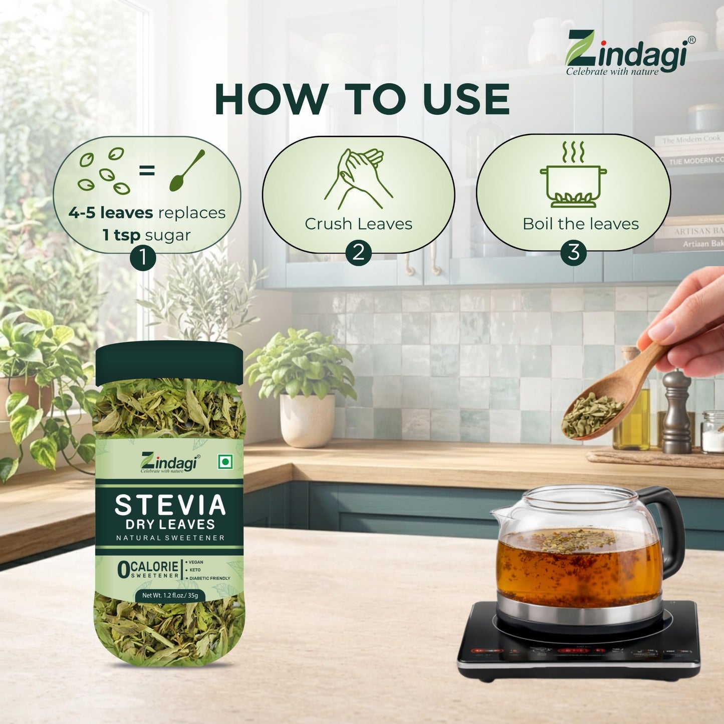 Zindagi Natural Sugarfree Sweetener | Pure Stevia Dry Leaves | Diabetic Friendly Stevia Sugar | Pack Of 2