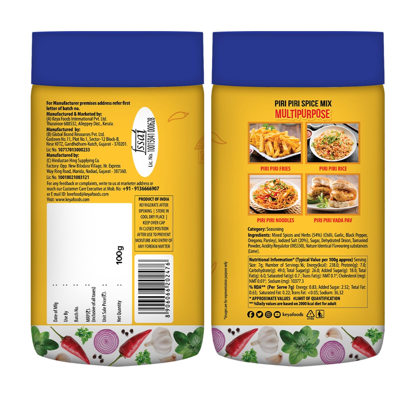 Keya Piri Piri | Peri Peri | Exotic Spice Mix | Multi-purpose Seasoning | Zero Artifical Colours | No Added MSG | Instant Seasoning Mix |Marinade Mix, Dip Mix, Sprinkler| Perfect for Fries, Sweet Corn, Makhana, Papad, Khichdi| 90g/100g