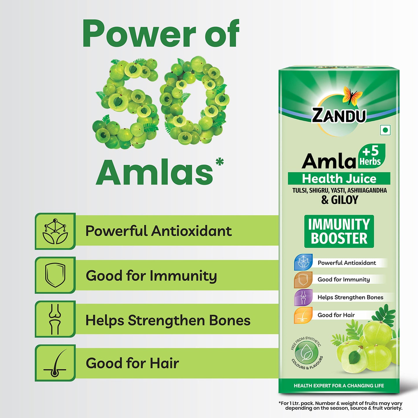 Zandu Amla + 5 Herbs Health Juice | Ayurvedic Immunity Booster | Powerful Antioxidant | Good for Bones and Hair |No Added Sugar (1000ml)