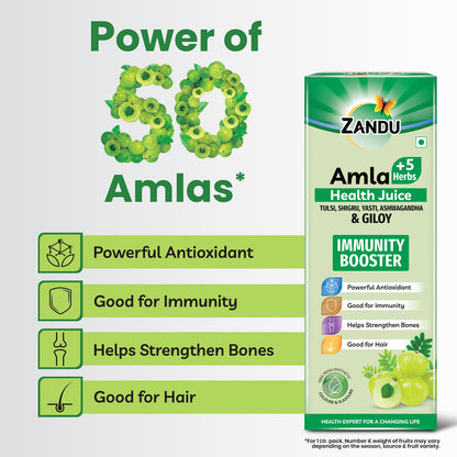Zandu Amla + 5 Herbs Health Juice | Ayurvedic Immunity Booster | Powerful Antioxidant | Good for Bones and Hair |No Added Sugar (1000ml)